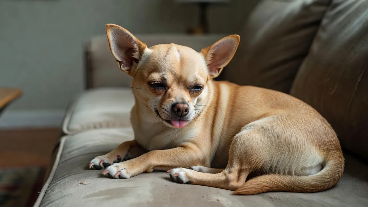 A relaxed tan chihuahua lying down with the tip of its tongue resting outside its mouth