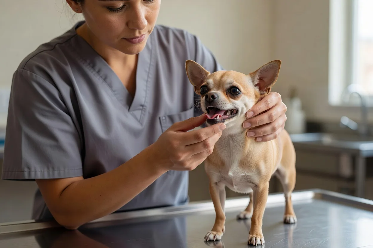 A veterinarian gently opening a small chihuahua's mouth to examine the teeth and tongue
