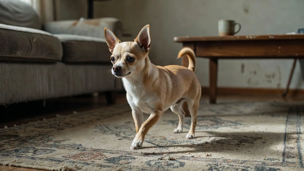 a Chihuahua mid-stride on a living room rug, caught in natural window light