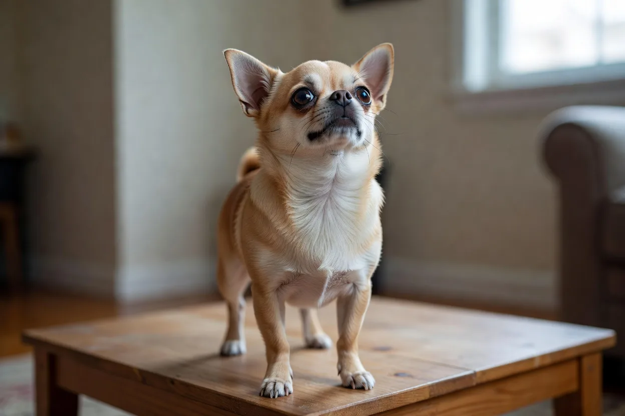 a Chihuahua standing on a low stable platform indoors, paws planted, looking up