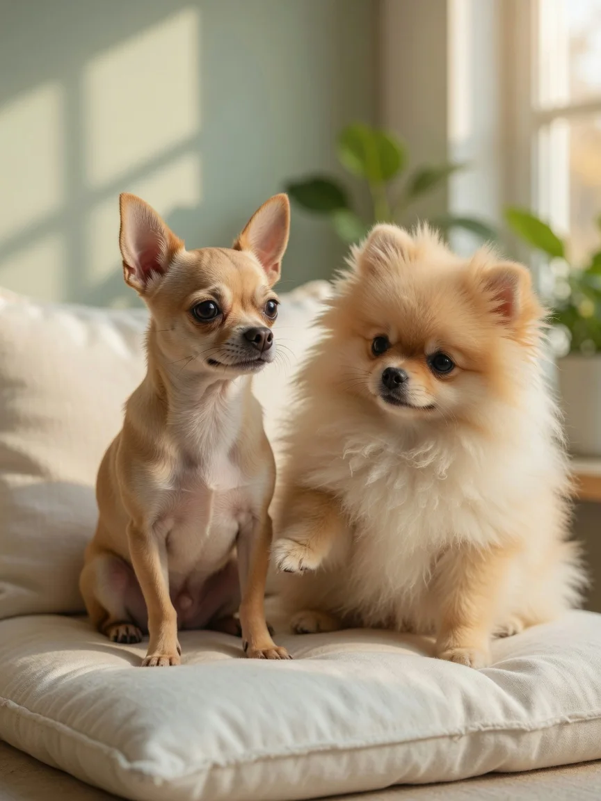 A chihuahua and a fluffy pomeranian sitting side by side