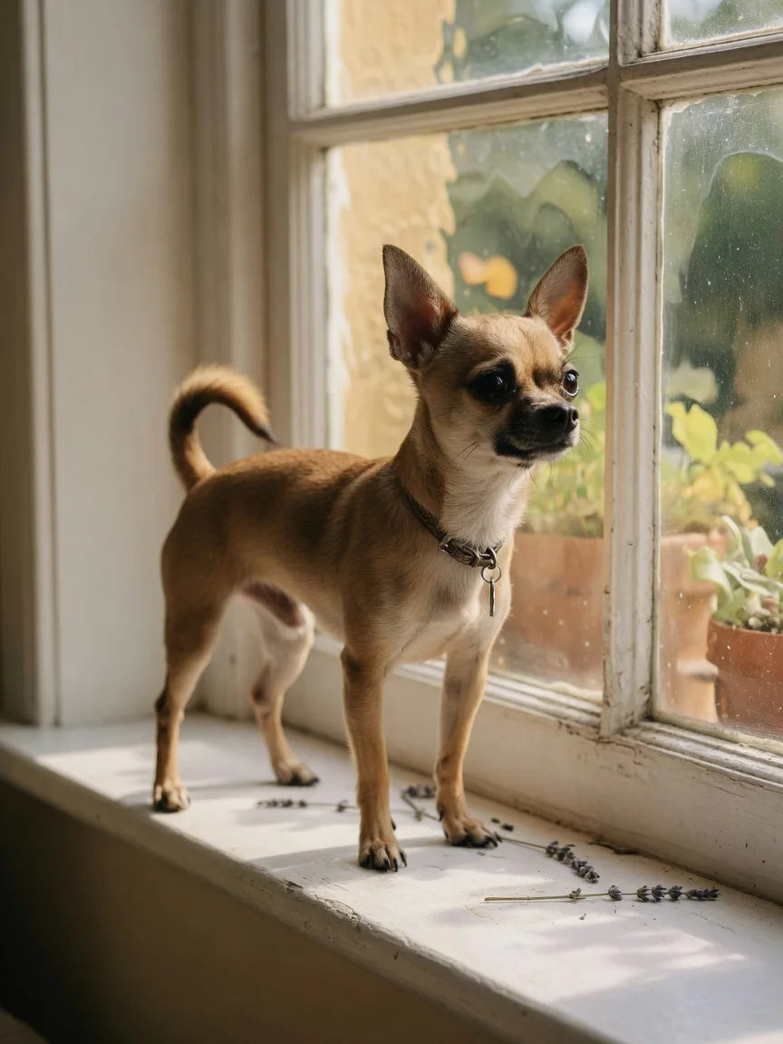 A small alert chihuahua standing watch on a windowsill