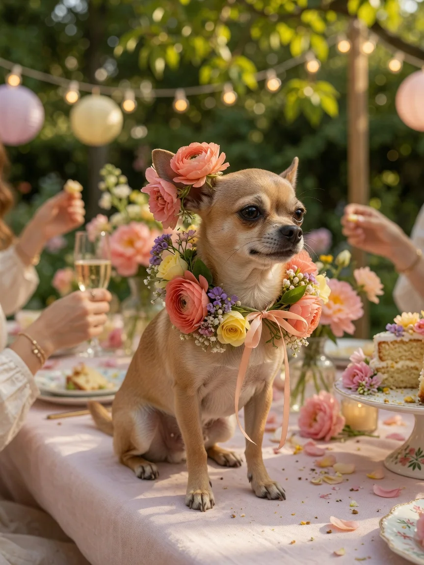 A small chihuahua with a flower collar at a garden celebration