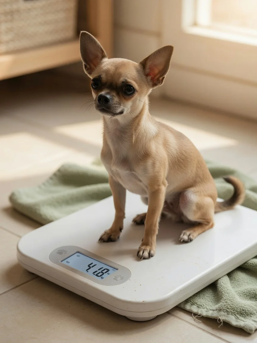 A small tan chihuahua sitting on a pet scale