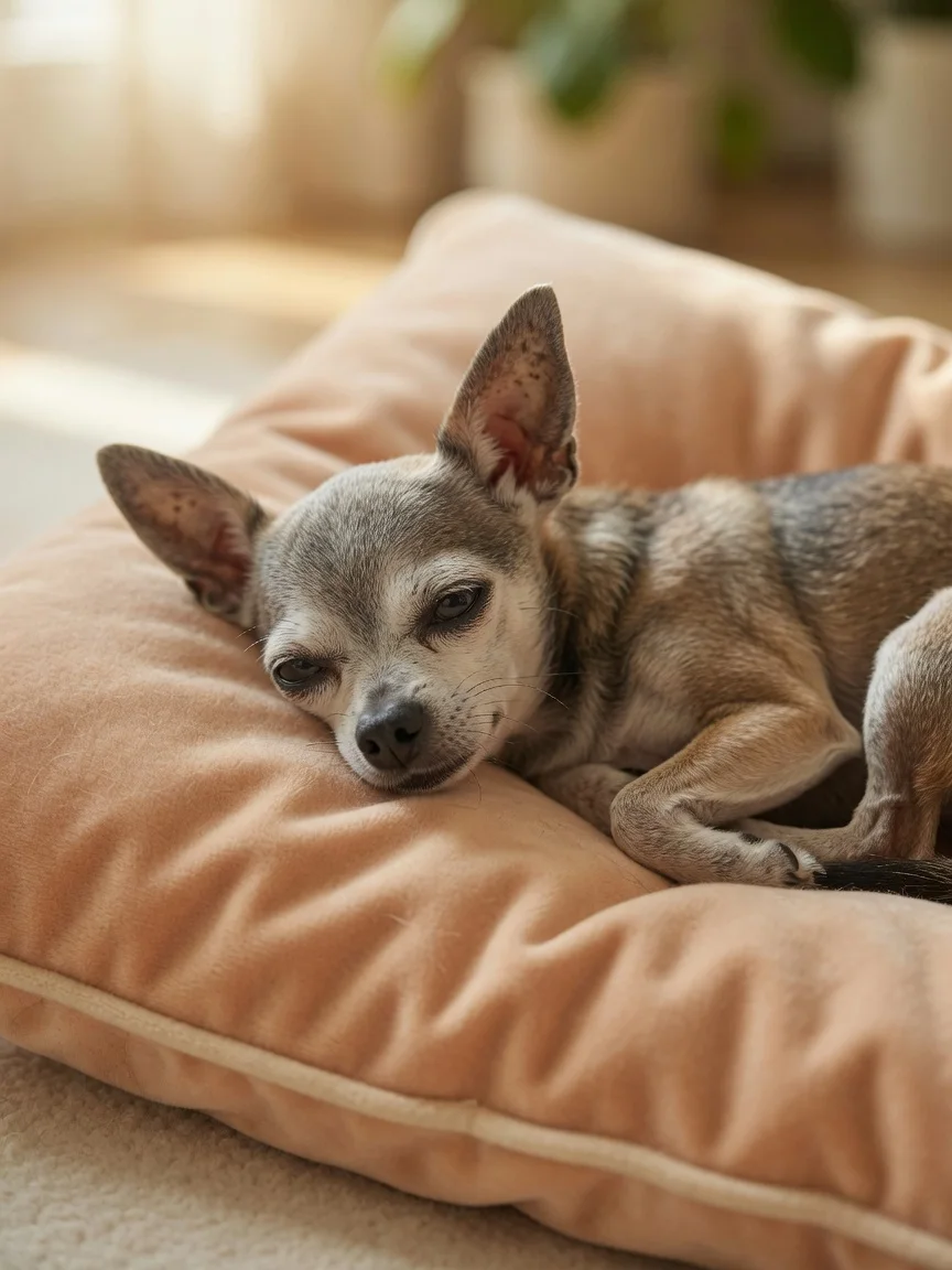 A grey-muzzled senior chihuahua resting on a soft cushion