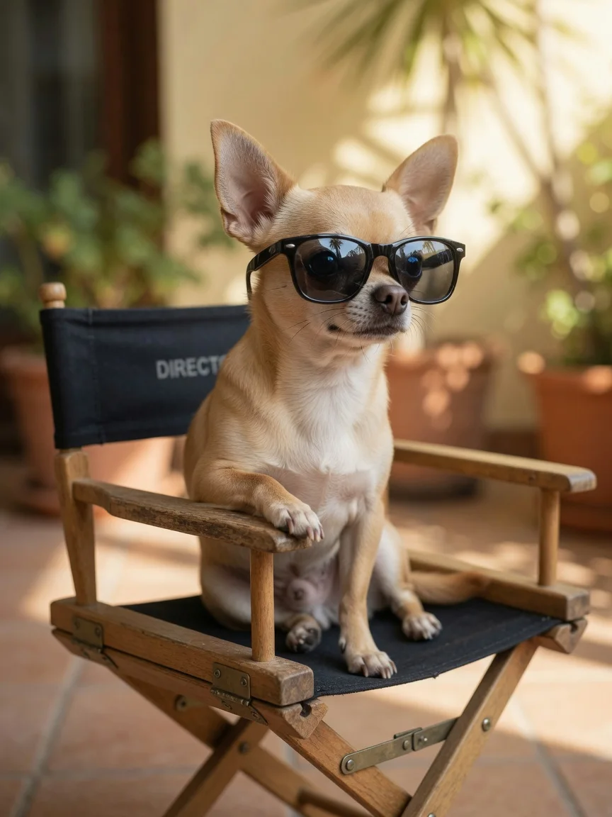 A small chihuahua in sunglasses on a director chair