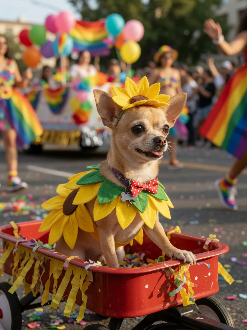A small chihuahua in a cheerful costume at a festive parade