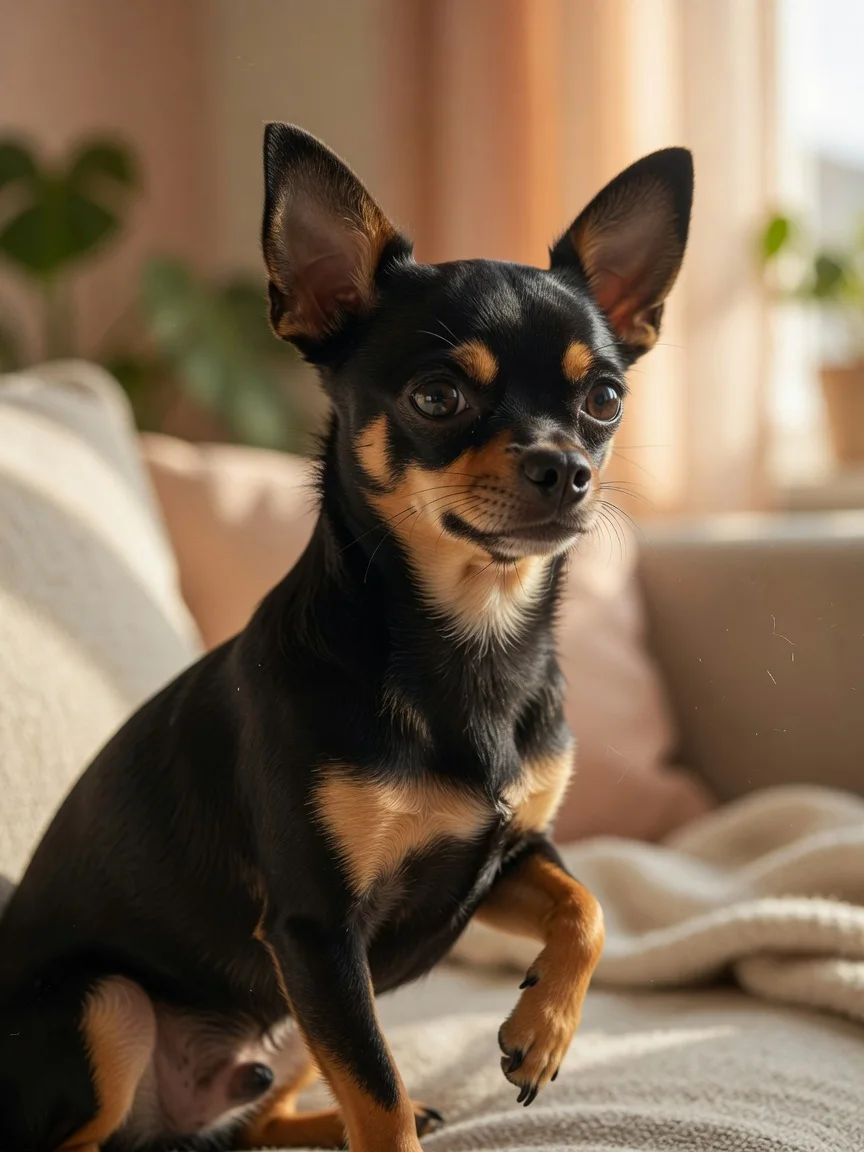 A sleek small black-and-tan dog with pointed ears