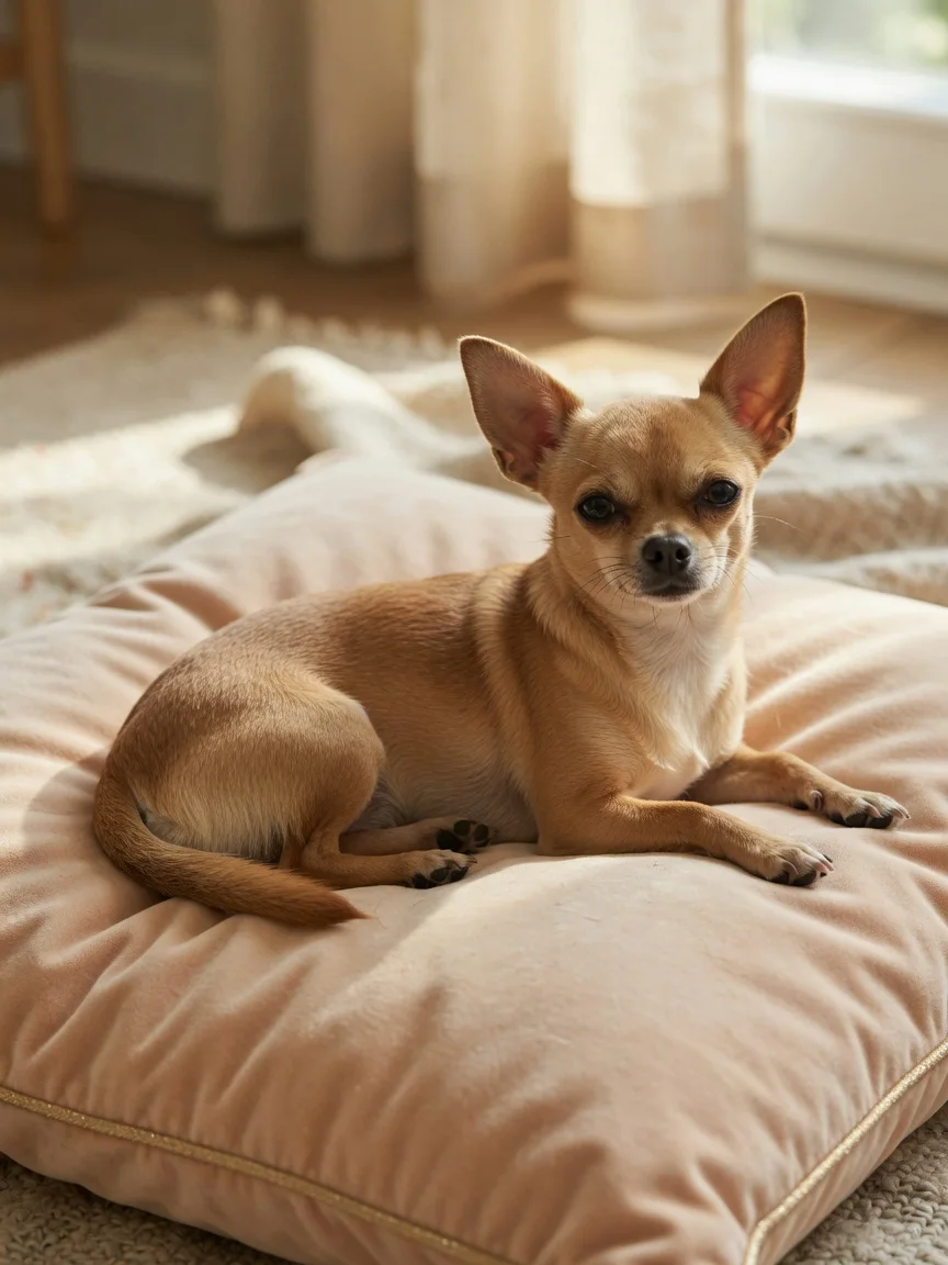 A long-bodied small tan dog with big ears on a cushion