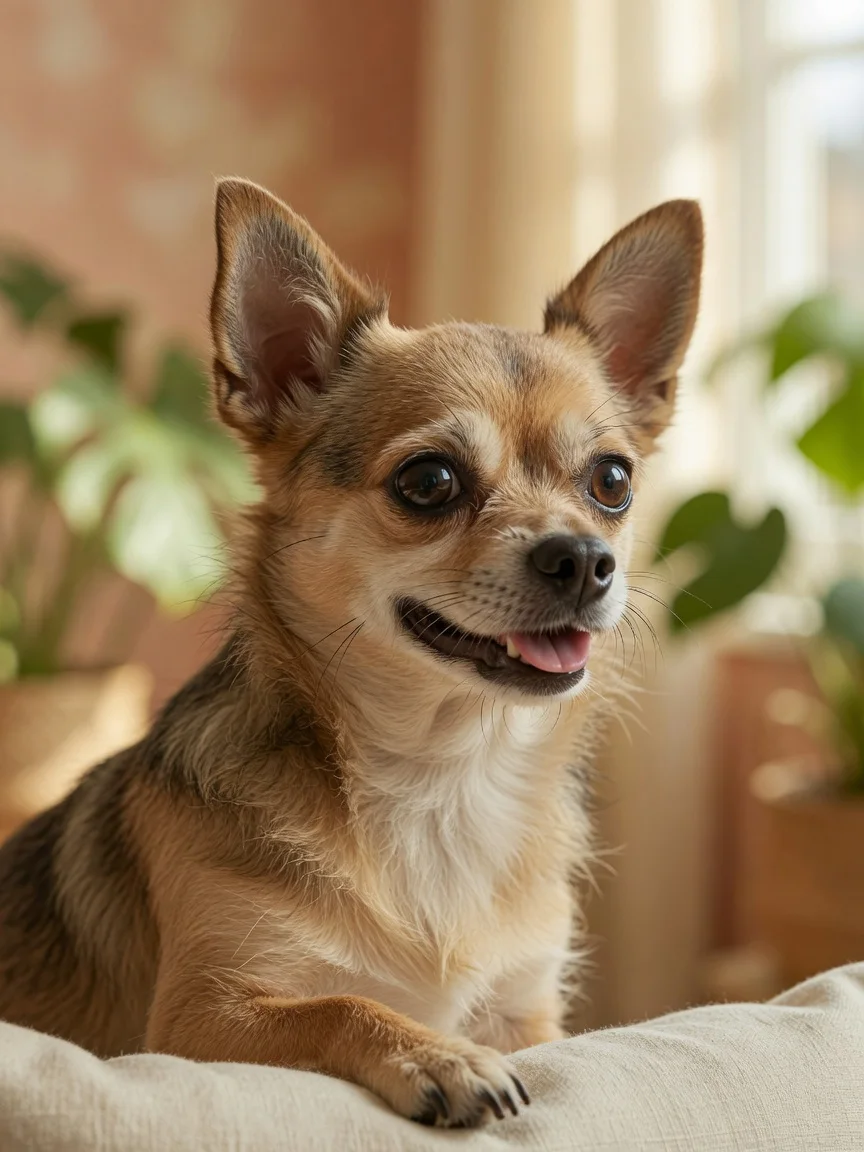 A small scruffy tan-and-brown dog with perky ears