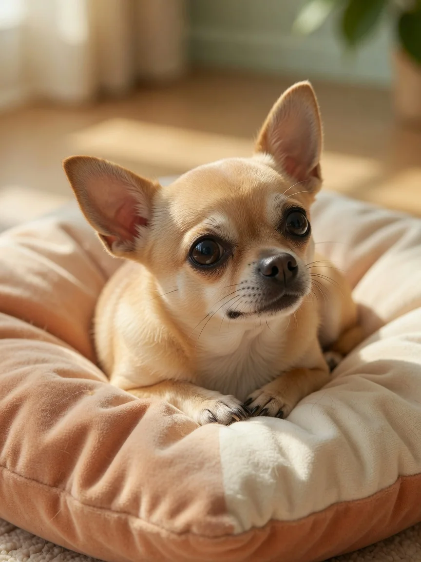 A small round-faced tan dog with big eyes on a cushion