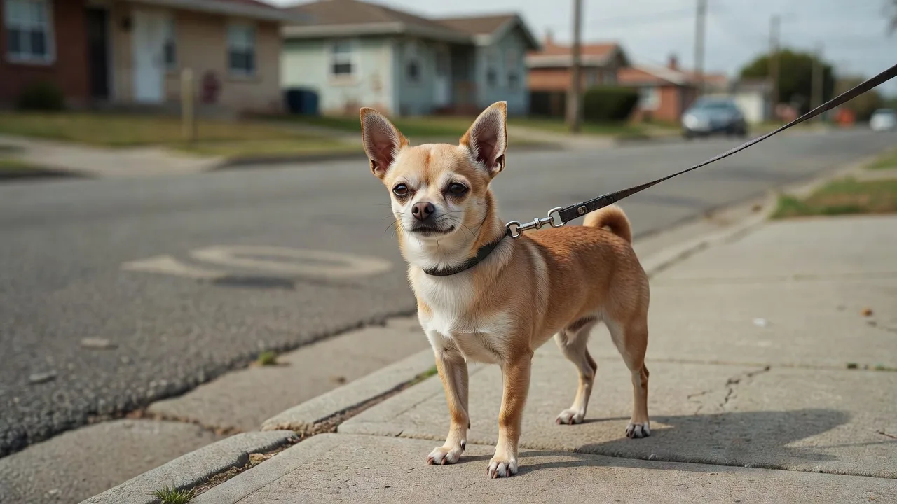 a Chihuahua on a lead beside an ordinary residential street, photographed at a respectful distance