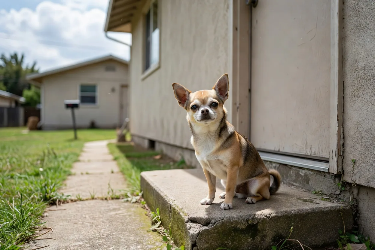 a Chihuahua sitting on a doorstep of a modest suburban home in daylight