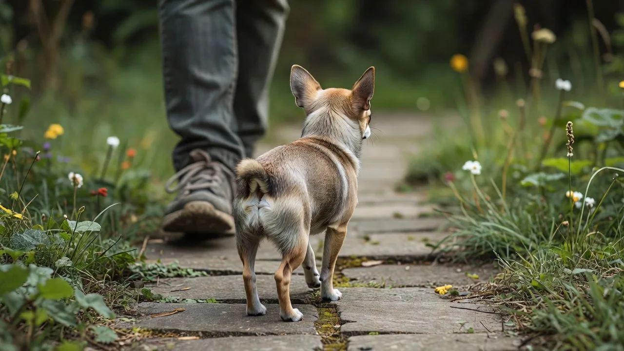 a Chihuahua walking beside an owner's feet on a garden path, seen from behind