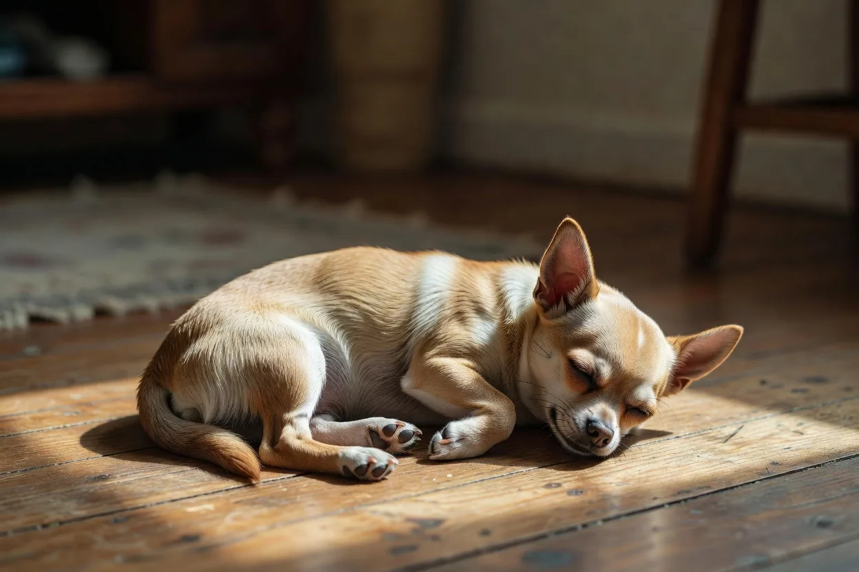 a Chihuahua asleep in a patch of afternoon light on a wooden floor