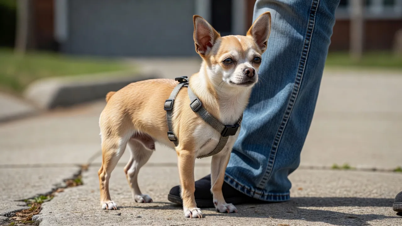 a Chihuahua on a fitted harness standing close to its owner's leg on a suburban pavement in daylight