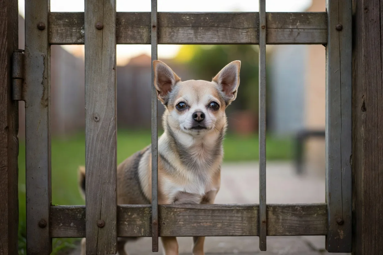 a Chihuahua behind a closed garden gate looking out, secure and calm