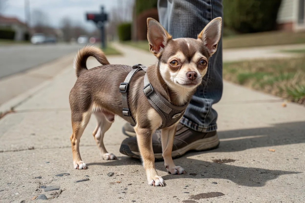 a Chihuahua on a fitted harness standing close to its owner's leg on a suburban pavement in daylight