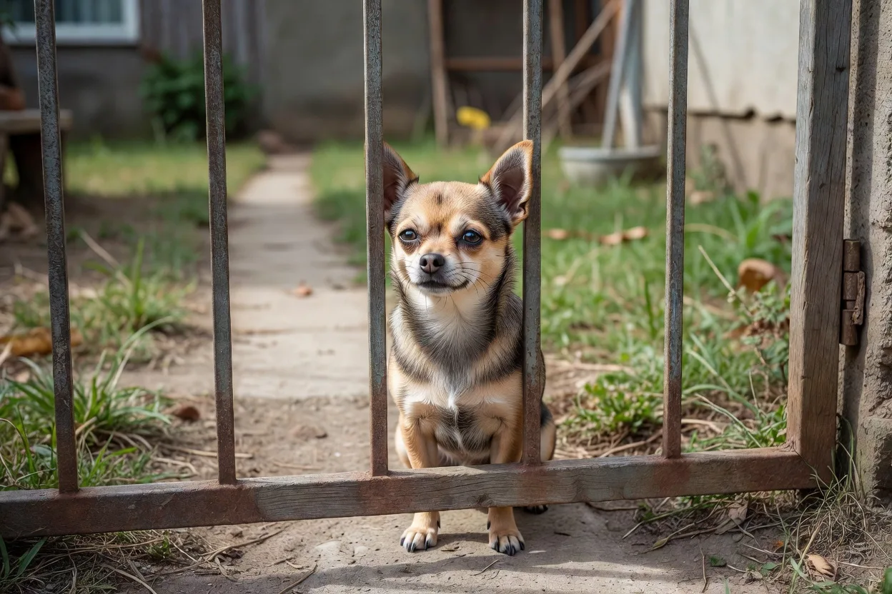 a Chihuahua behind a closed garden gate looking out, secure and calm