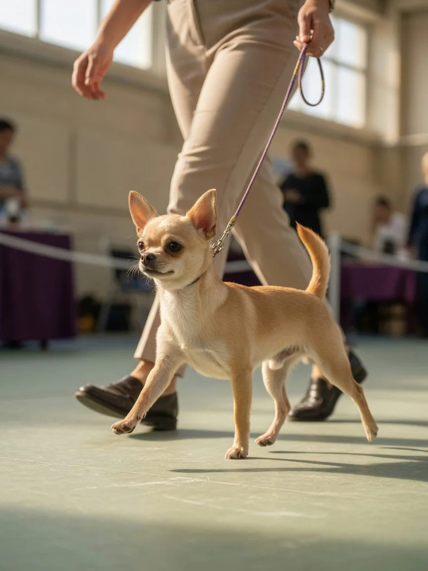 A groomed chihuahua gaiting beside a handler in a show ring
