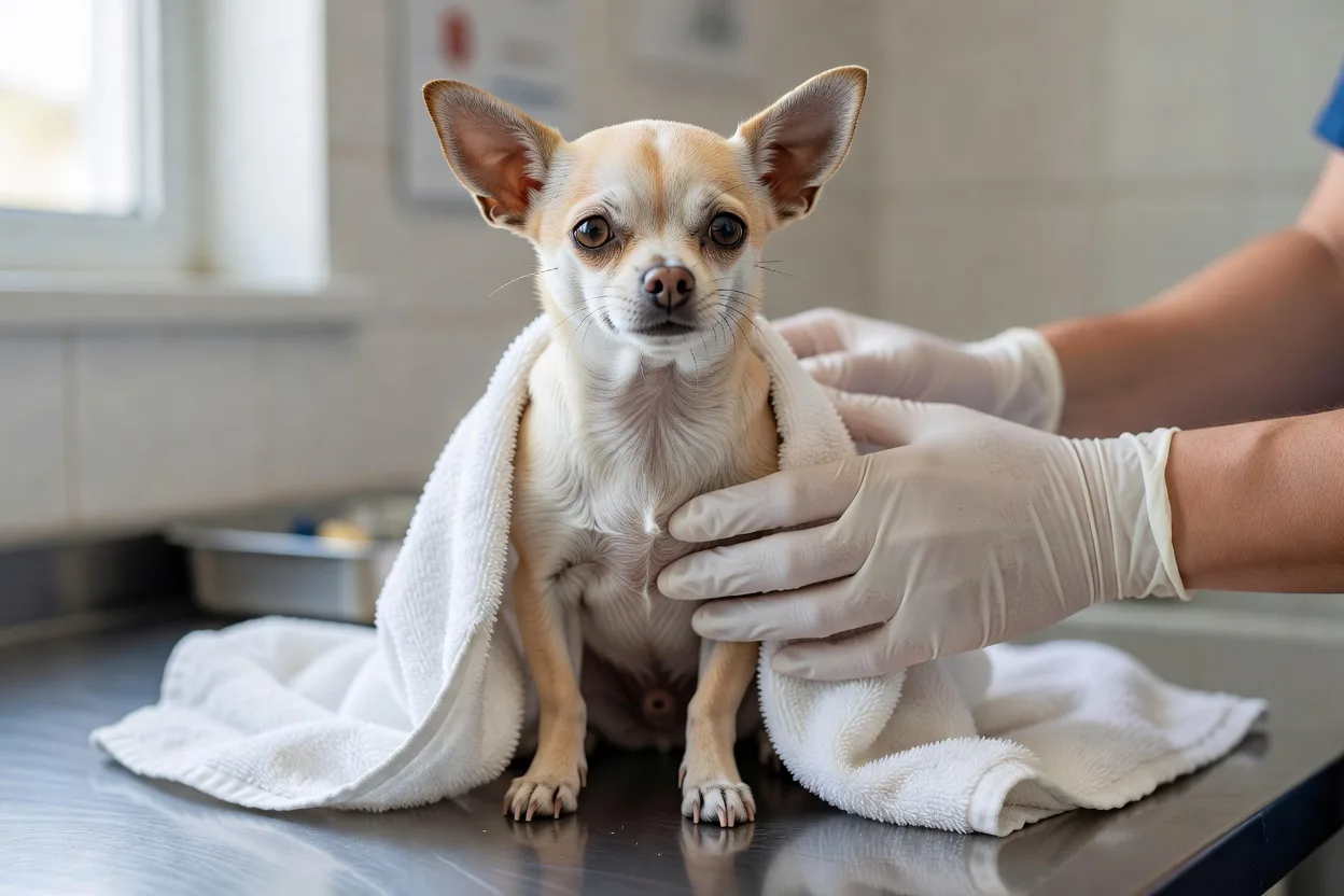 a short-haired Chihuahua wrapped in a clean towel on a veterinary examination table, a gloved hand steadying it gently