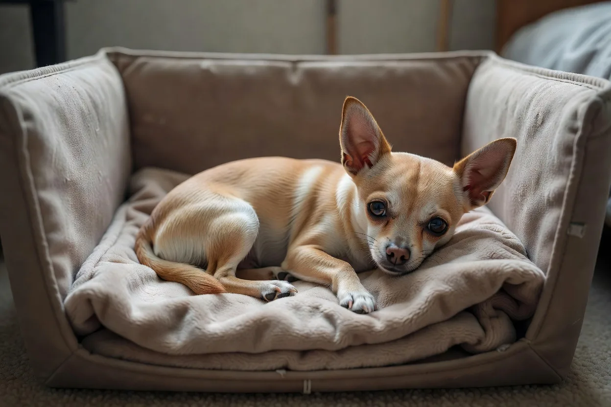 a small Chihuahua resting in a soft-sided crate lined with a folded blanket in a quiet room