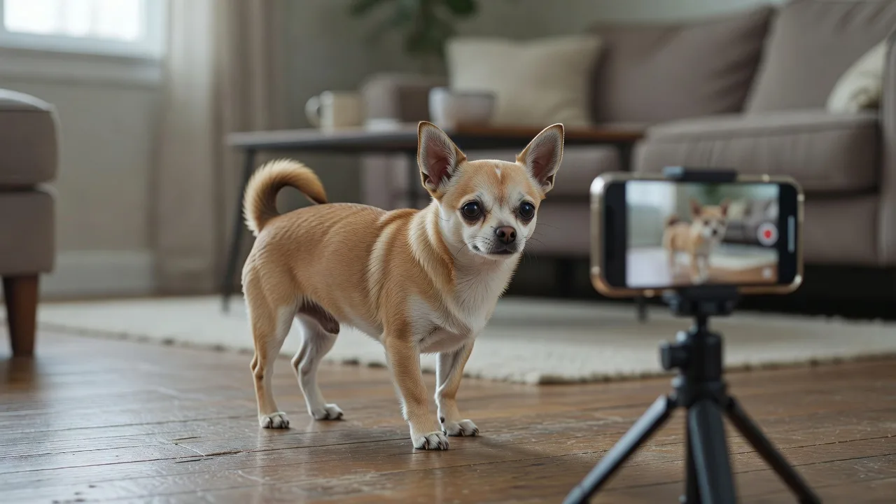 a smartphone on a tripod filming a Chihuahua that is calmly walking away from the camera