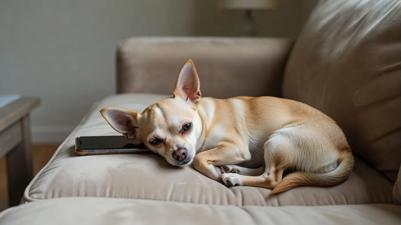 a Chihuahua resting on a sofa while a phone lies face down on the cushion beside it