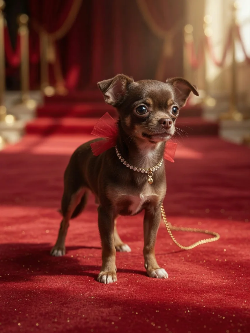 A small chihuahua on a glamorous red carpet, no people