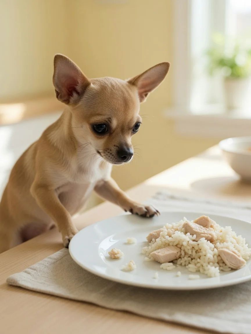 A small tan chihuahua beside a bland meal of rice and chicken