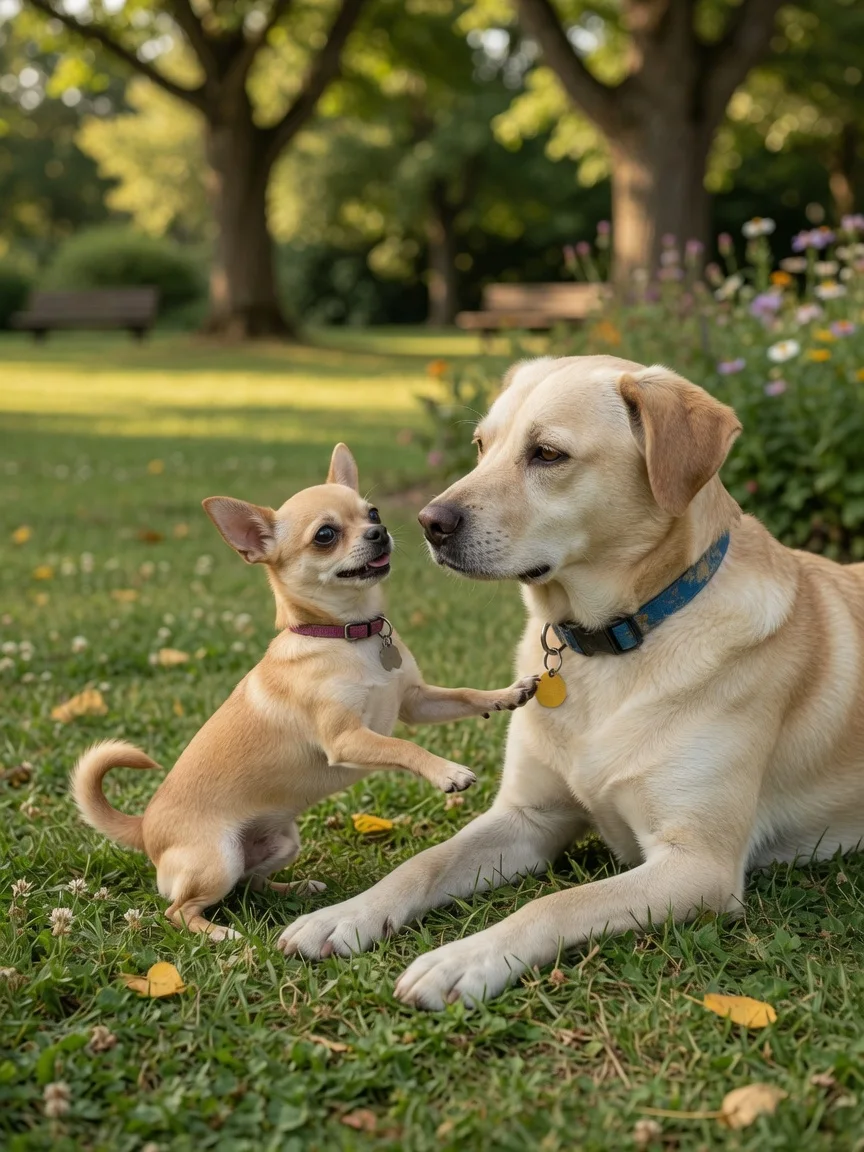 A small tan chihuahua greeting a larger gentle dog in a park