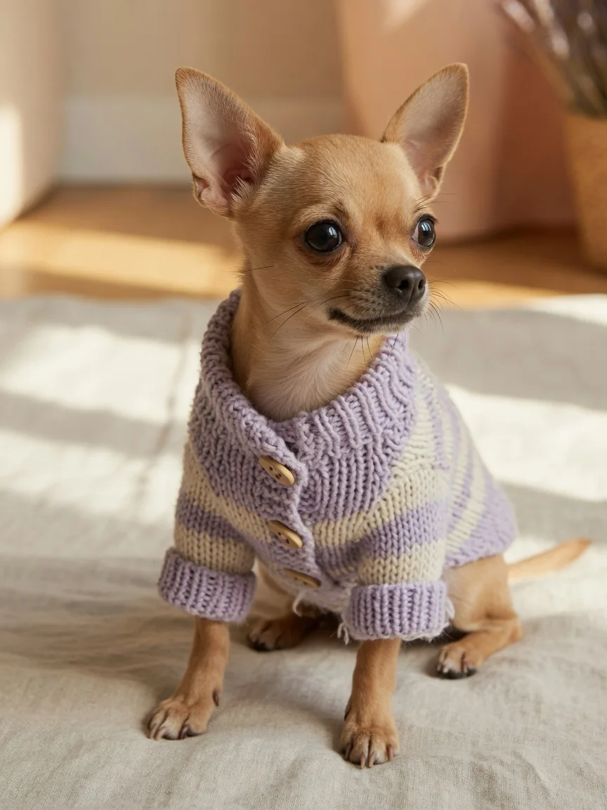 A small tan chihuahua in a knitted sweater