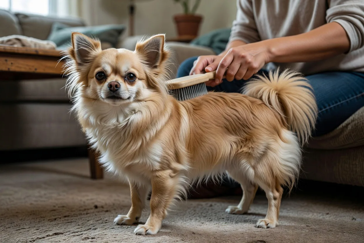 Long-coat chihuahua with feathered ears and a full ruff being brushed with a slicker brush