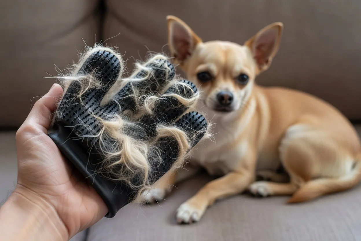 Loose pale chihuahua hair collected on a rubber grooming mitt after brushing