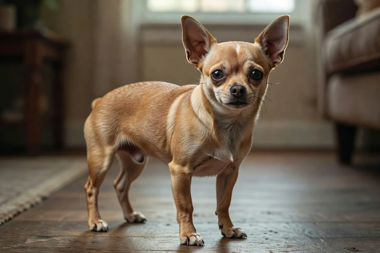 Smooth-coat chihuahua standing in daylight showing a close glossy fawn coat