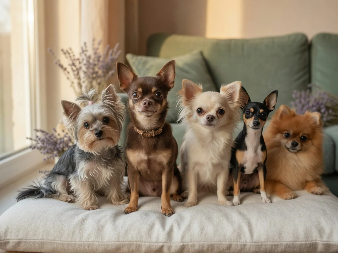 A lineup of several small toy-breed dogs sitting together