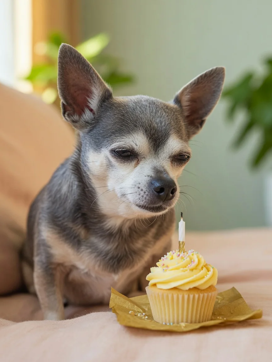 A serene grey-muzzled chihuahua with a small birthday cupcake