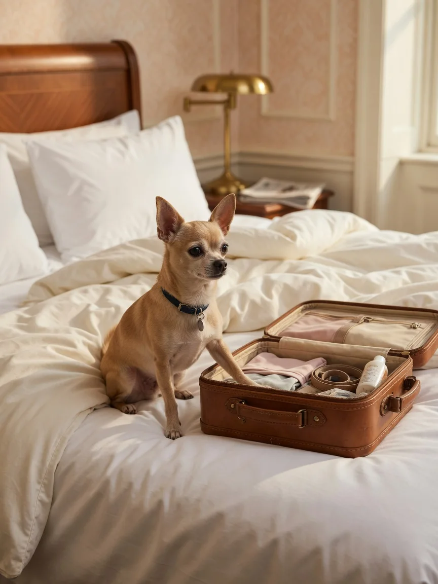 A small tan chihuahua on a hotel bed beside a small suitcase