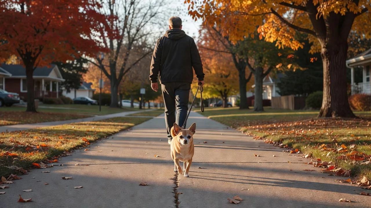 A person walking a tan chihuahua on a lead along a tree-lined suburban footpath in autumn.