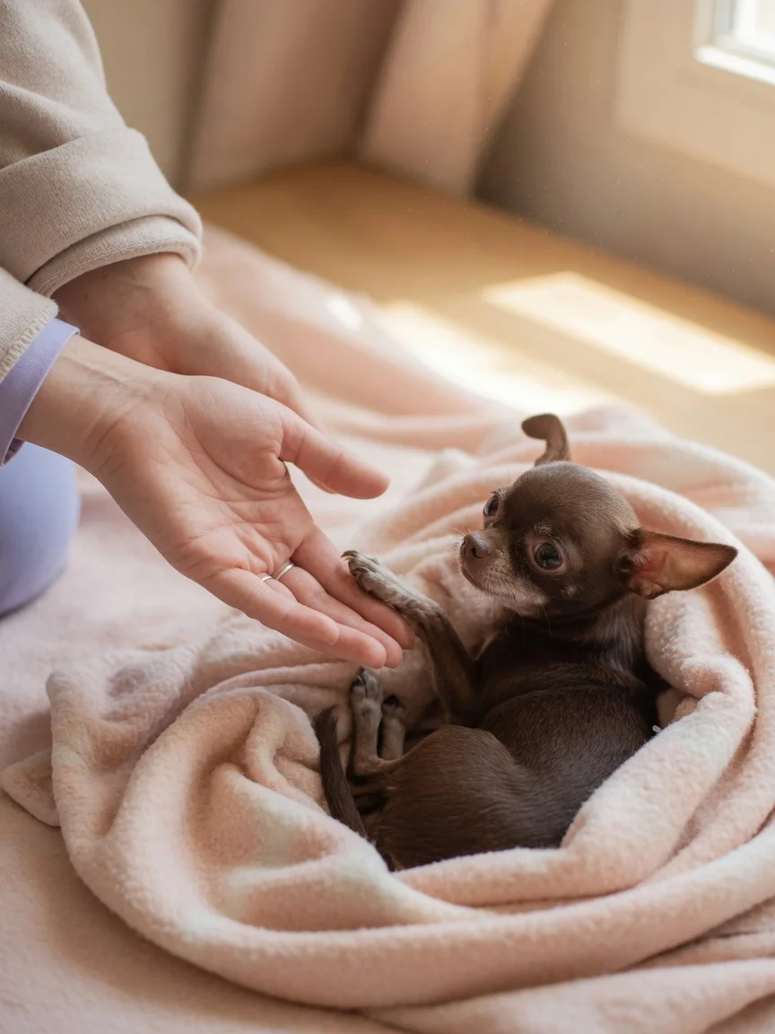 A gentle person offering a hand to a shy small chihuahua in a soft blanket
