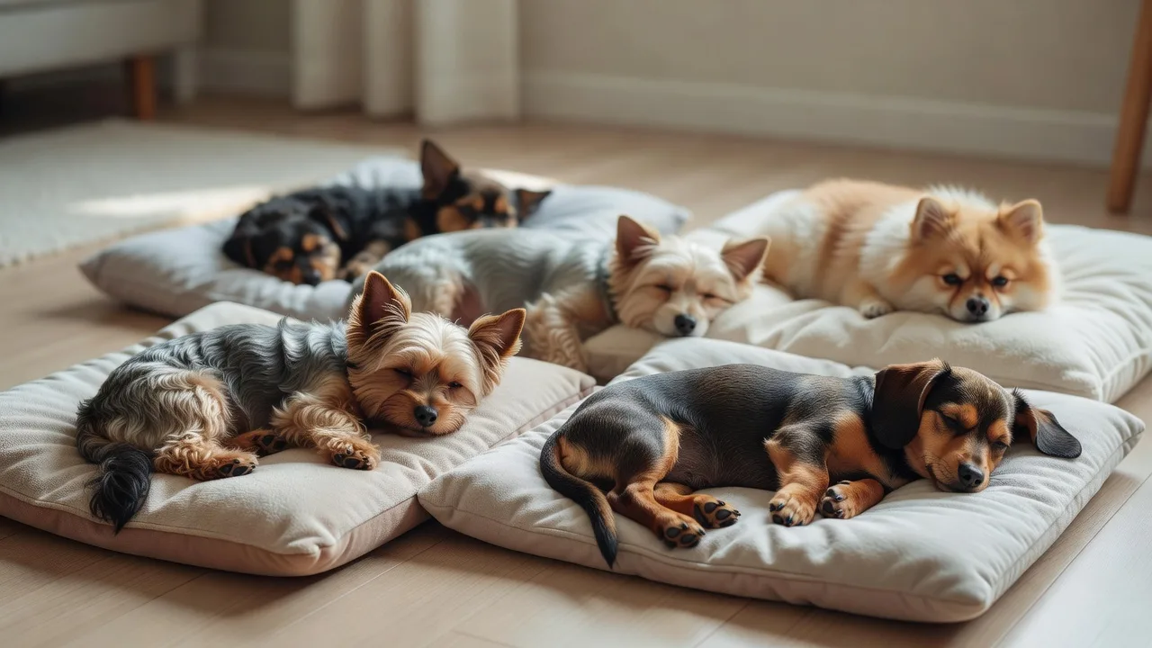several small dogs resting on separate clean beds in a bright, orderly room