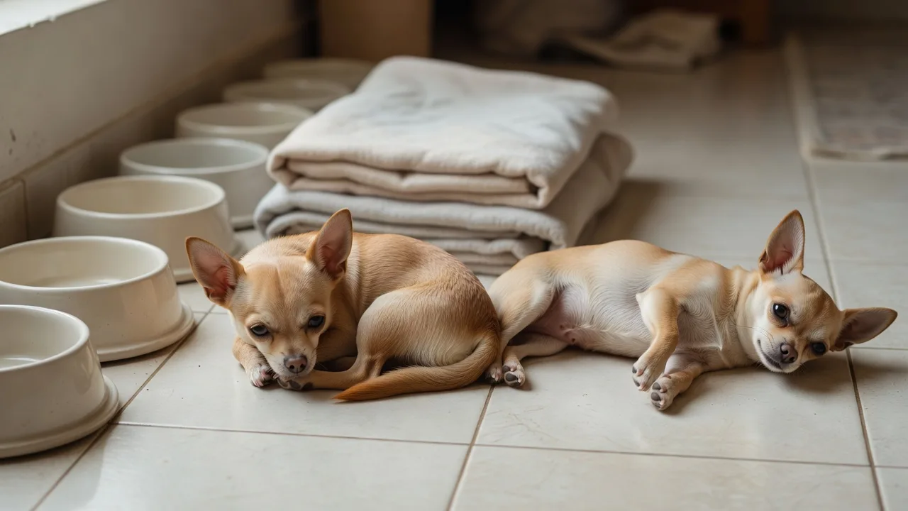 Two small Chihuahuas resting on a tiled floor beside a row of plain food bowls and a folded stack of clean blankets