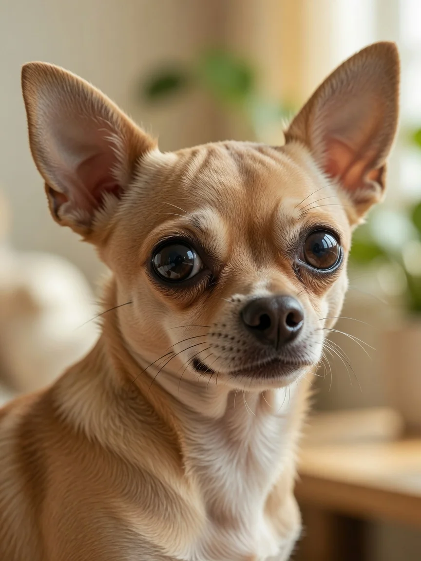 A close portrait of a small tan chihuahua with large clear eyes