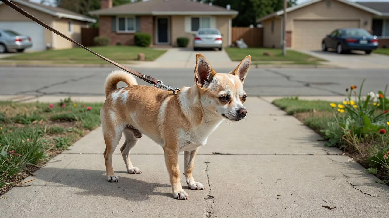 a Chihuahua on a lead beside an ordinary residential street, photographed at a respectful distance
