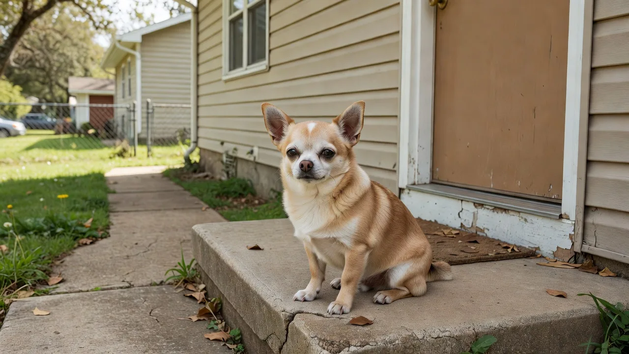 a Chihuahua sitting on a doorstep of a modest suburban home in daylight