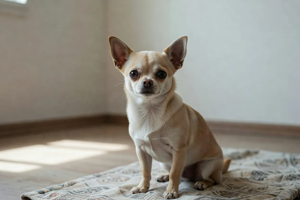 a Chihuahua sitting on a patterned blanket in a plainly furnished room