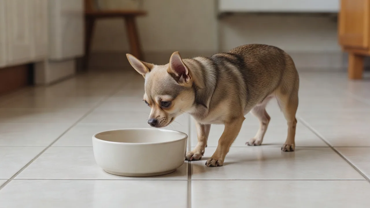 a Chihuahua beside a plain unbranded food bowl on a tiled kitchen floor