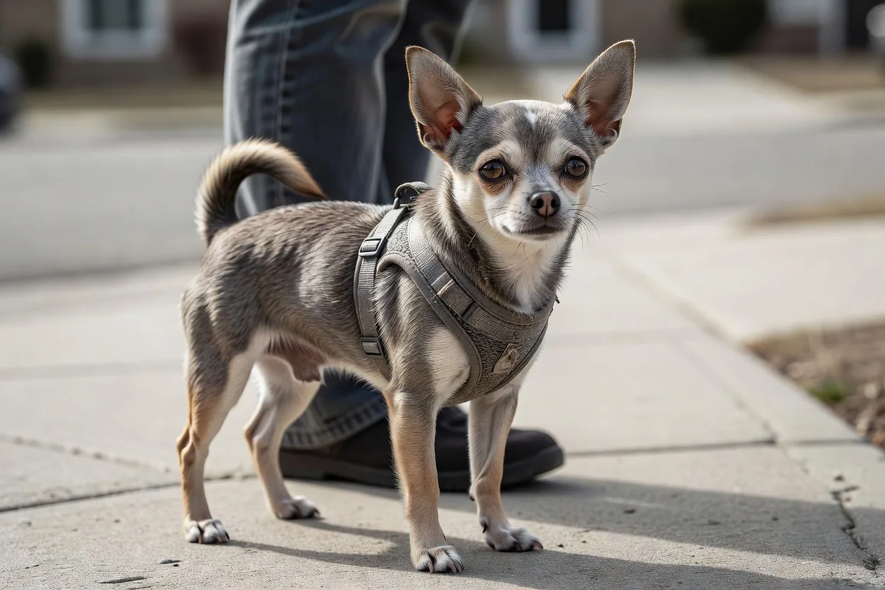 a Chihuahua on a fitted harness standing close to its owner's leg on a suburban pavement in daylight