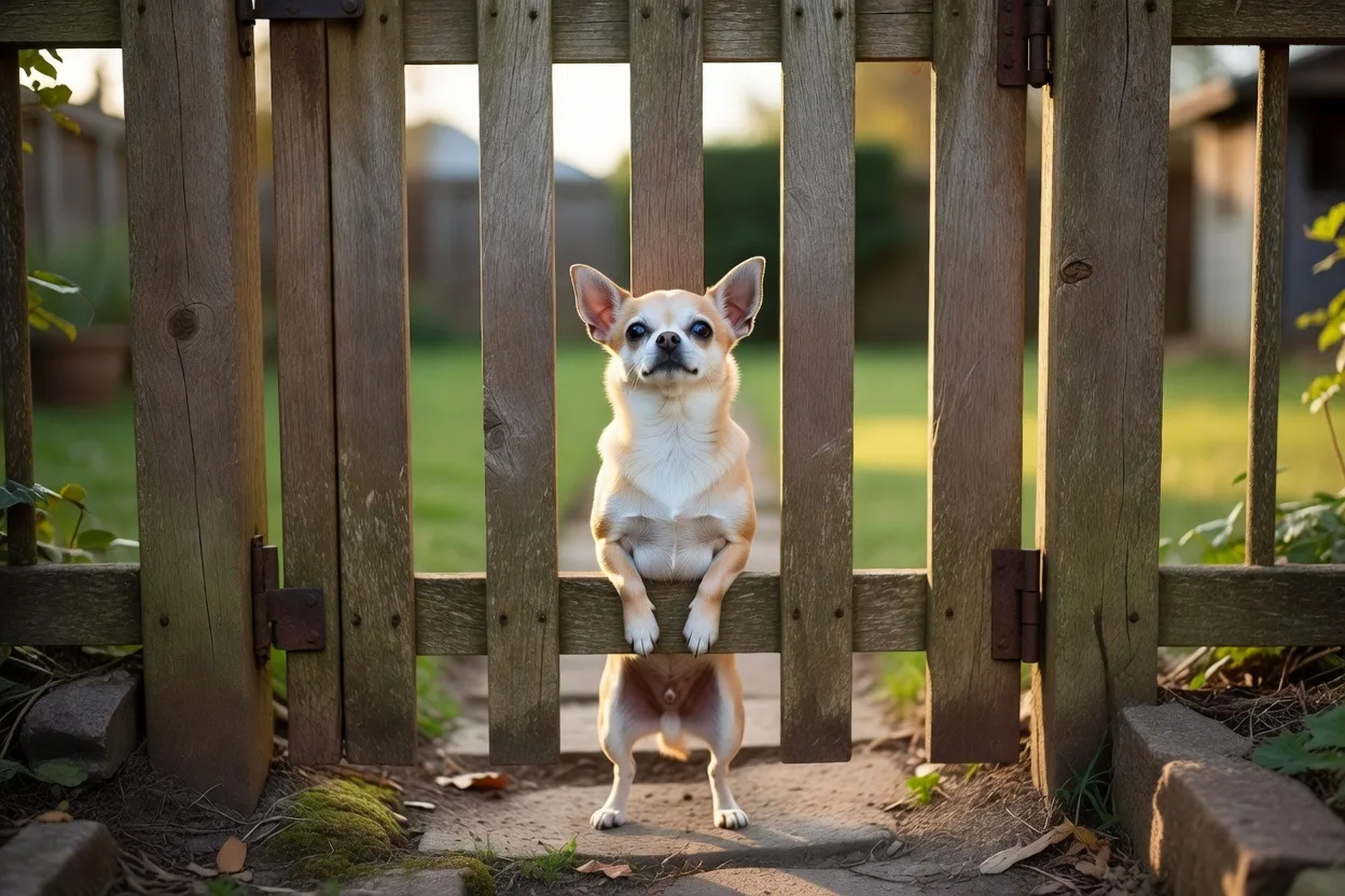 a Chihuahua behind a closed garden gate looking out, secure and calm