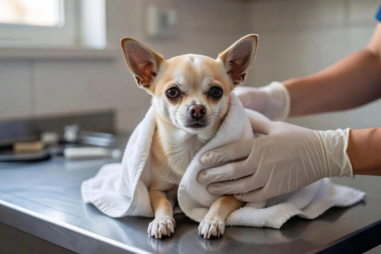 a short-haired Chihuahua wrapped in a clean towel on a veterinary examination table, a gloved hand steadying it gently